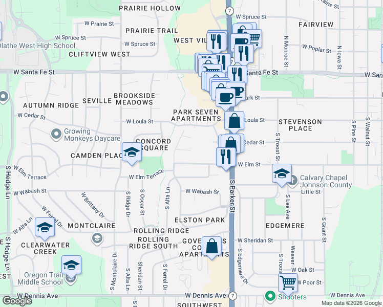 map of restaurants, bars, coffee shops, grocery stores, and more near 1113 West Cedar Terrace in Olathe