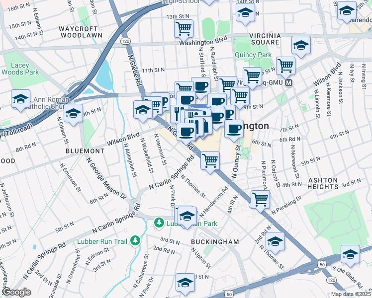 map of restaurants, bars, coffee shops, grocery stores, and more near 672 North Glebe Road in Arlington