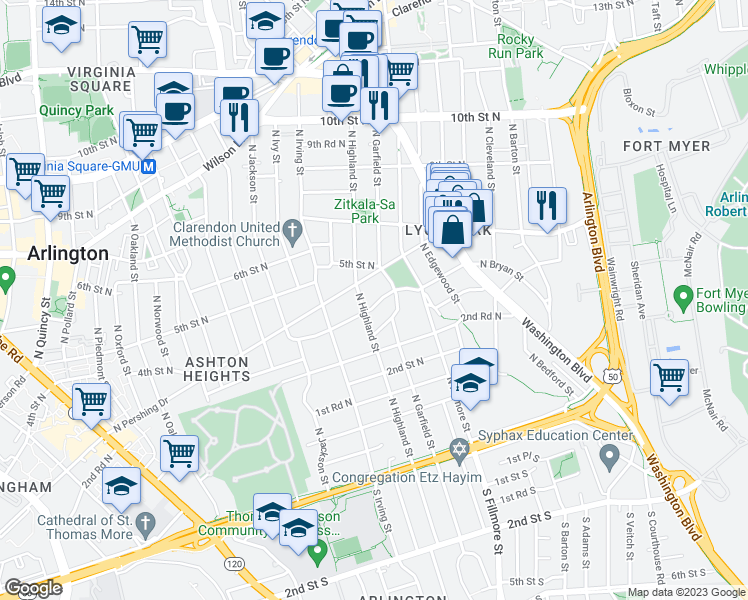 map of restaurants, bars, coffee shops, grocery stores, and more near 3021 4th Street North in Arlington