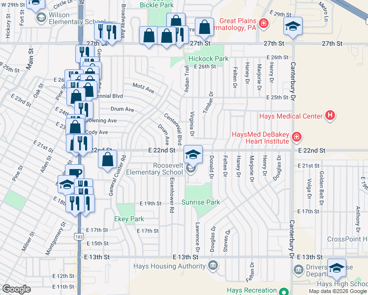 map of restaurants, bars, coffee shops, grocery stores, and more near 2225 Centennial Blvd in Hays