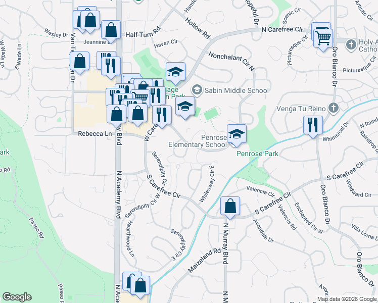 map of restaurants, bars, coffee shops, grocery stores, and more near 3255 Parade Circle East in Colorado Springs