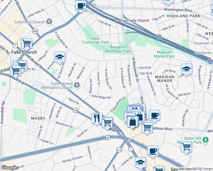 map of restaurants, bars, coffee shops, grocery stores, and more near 213 North Van Buren Street in Falls Church