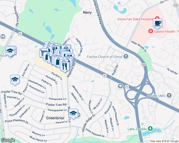 map of restaurants, bars, coffee shops, grocery stores, and more near 12909 U.S. 50 in Fairfax