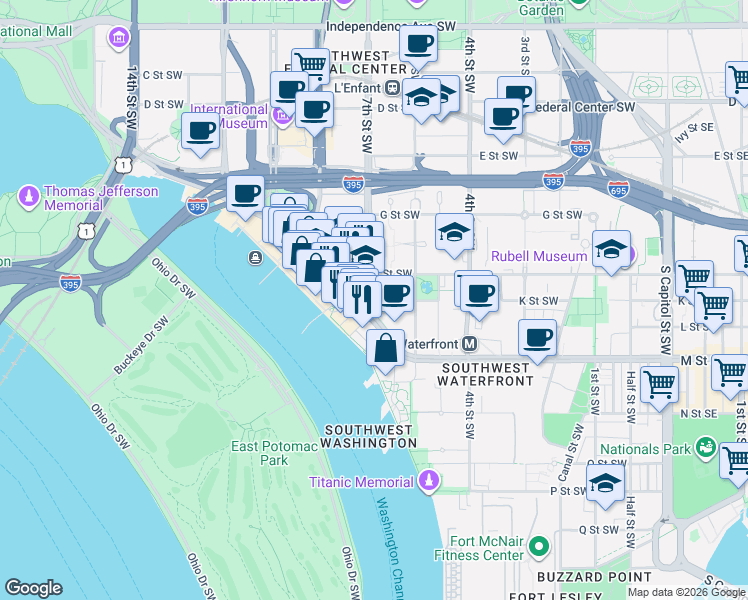 map of restaurants, bars, coffee shops, grocery stores, and more near 921 6th Street Southwest in Washington