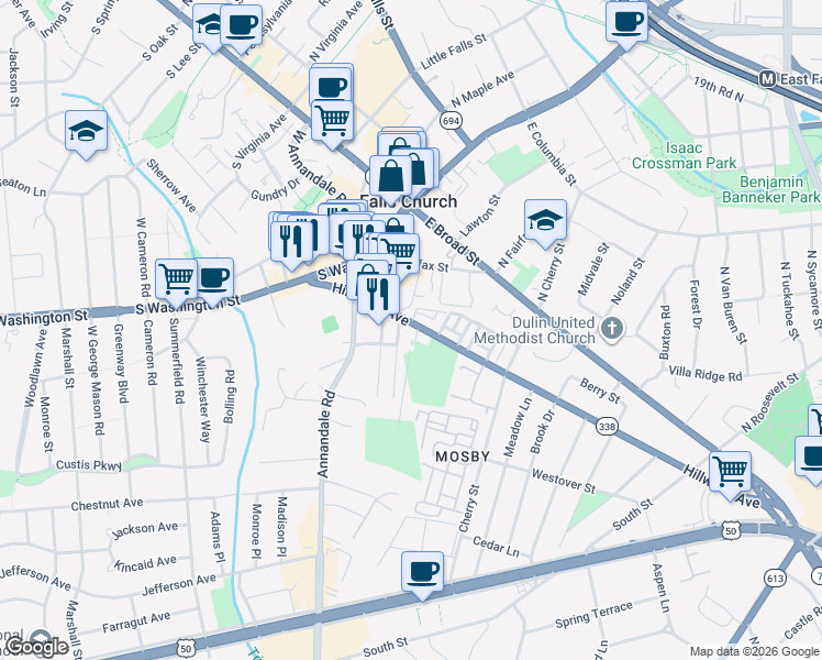 map of restaurants, bars, coffee shops, grocery stores, and more near 306 Hillwood Avenue in Falls Church