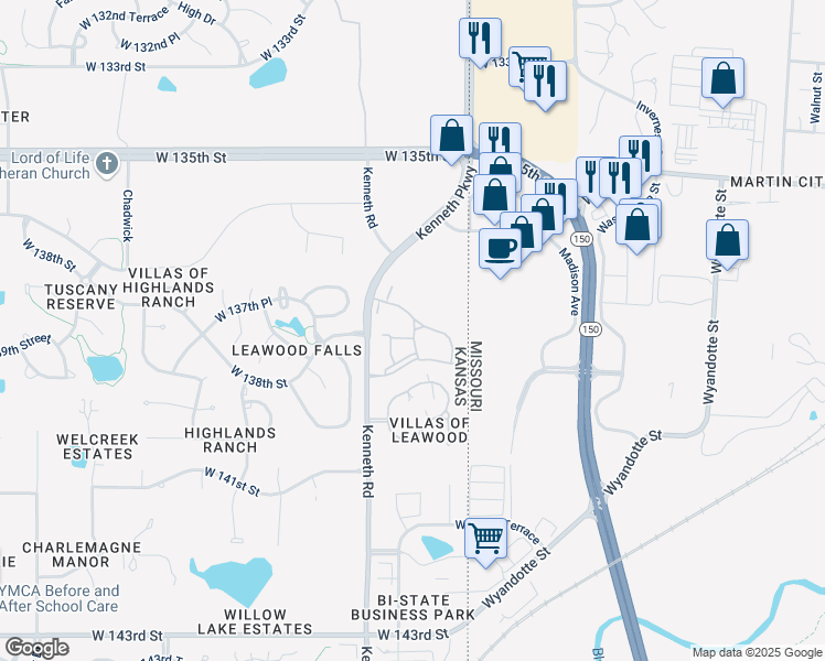map of restaurants, bars, coffee shops, grocery stores, and more near 2040 137th Terrace in Leawood
