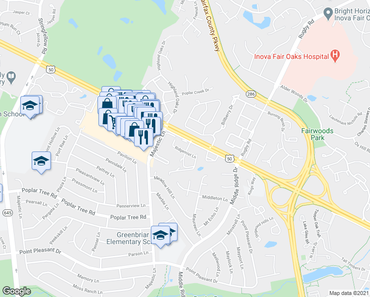 map of restaurants, bars, coffee shops, grocery stores, and more near 12924 Ridgemist Lane in Fairfax