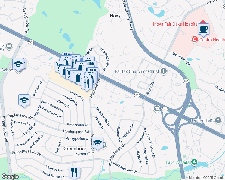 map of restaurants, bars, coffee shops, grocery stores, and more near 12924 Ridgemist Lane in Fairfax