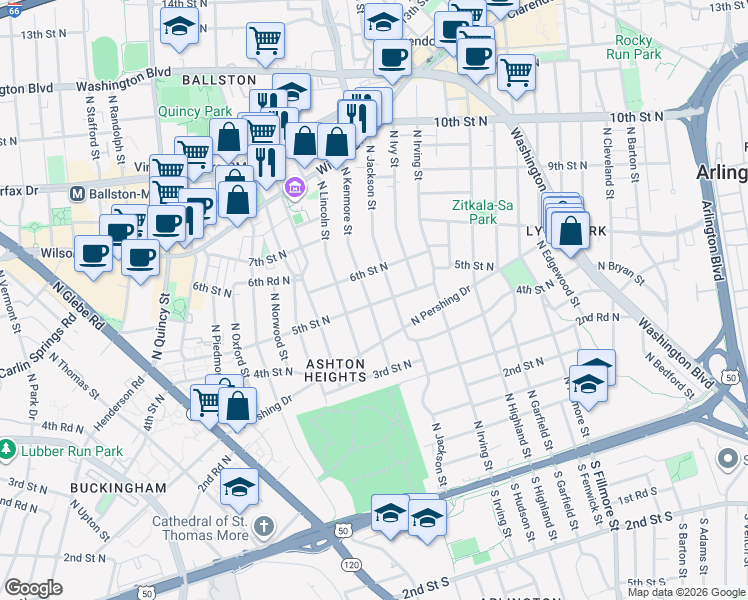map of restaurants, bars, coffee shops, grocery stores, and more near 501 North Kenmore Street in Arlington