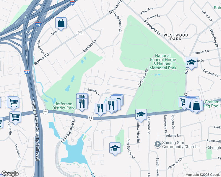 map of restaurants, bars, coffee shops, grocery stores, and more near 2801 Lee Landing Court in Falls Church