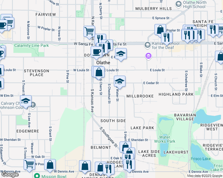 map of restaurants, bars, coffee shops, grocery stores, and more near 316 South Chestnut Street in Olathe