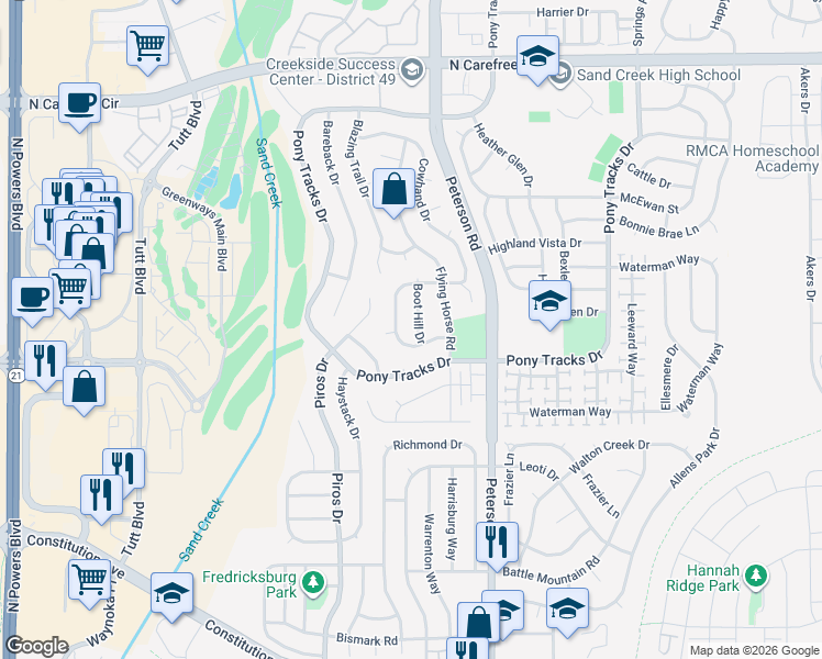 map of restaurants, bars, coffee shops, grocery stores, and more near 3130 Boothill Drive in Colorado Springs