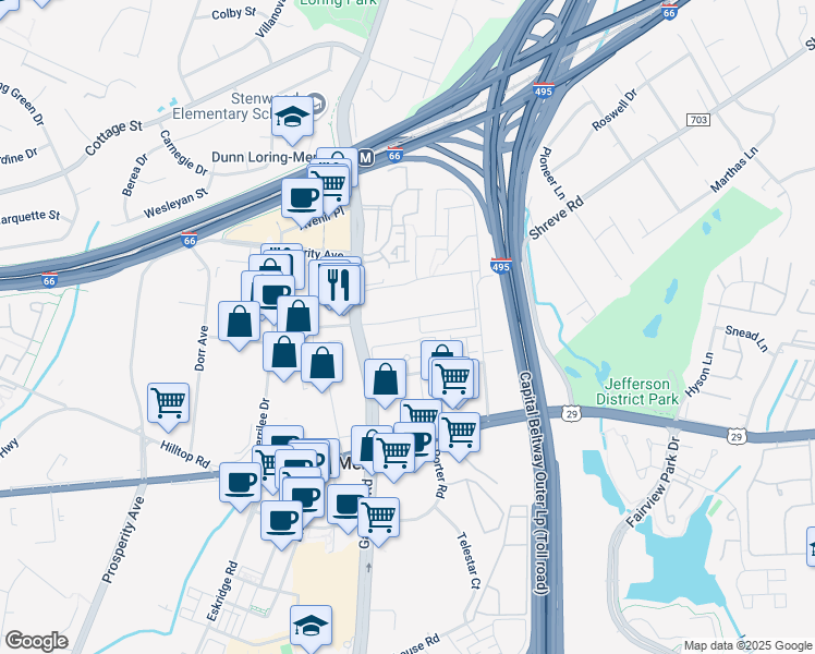 map of restaurants, bars, coffee shops, grocery stores, and more near 8133 Prescott Drive in Vienna