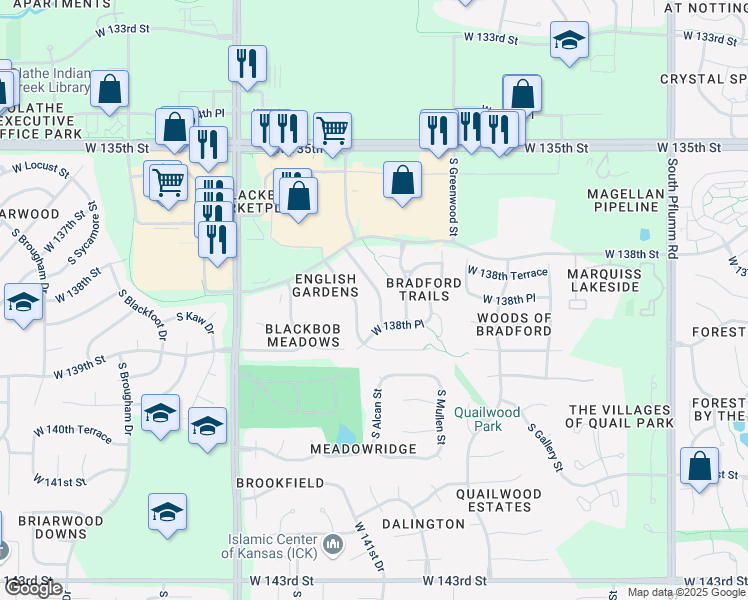 map of restaurants, bars, coffee shops, grocery stores, and more near 13842 S Acuff St in Olathe