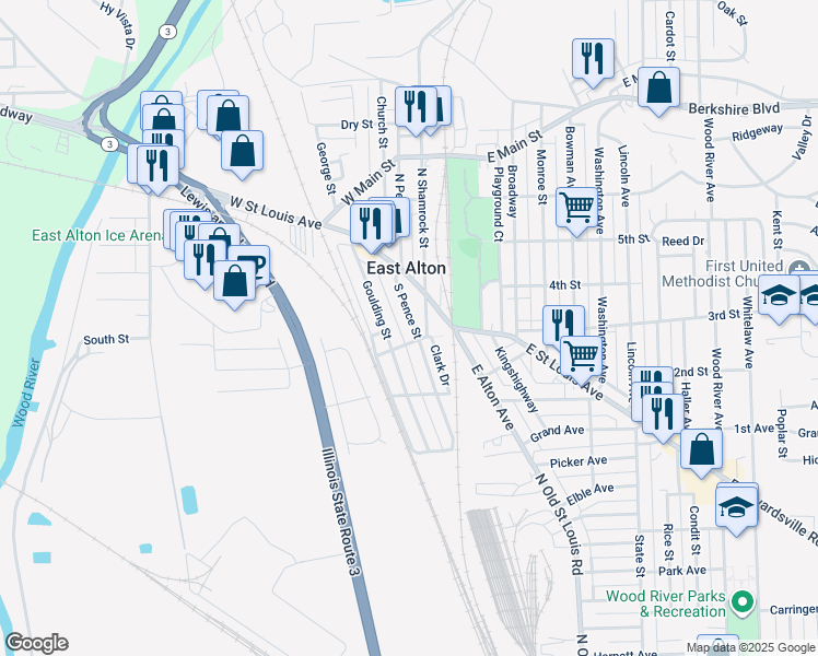 map of restaurants, bars, coffee shops, grocery stores, and more near 190 South Pence Street in East Alton