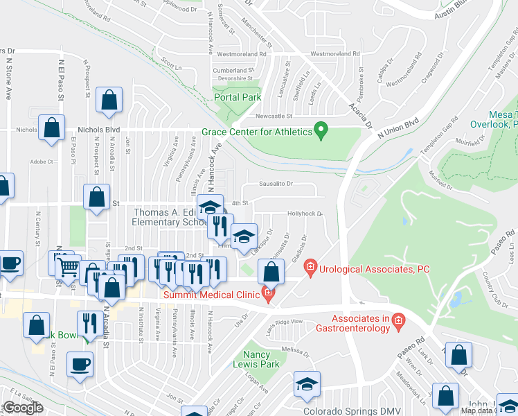 map of restaurants, bars, coffee shops, grocery stores, and more near 1402 Hollyhock Drive in Colorado Springs