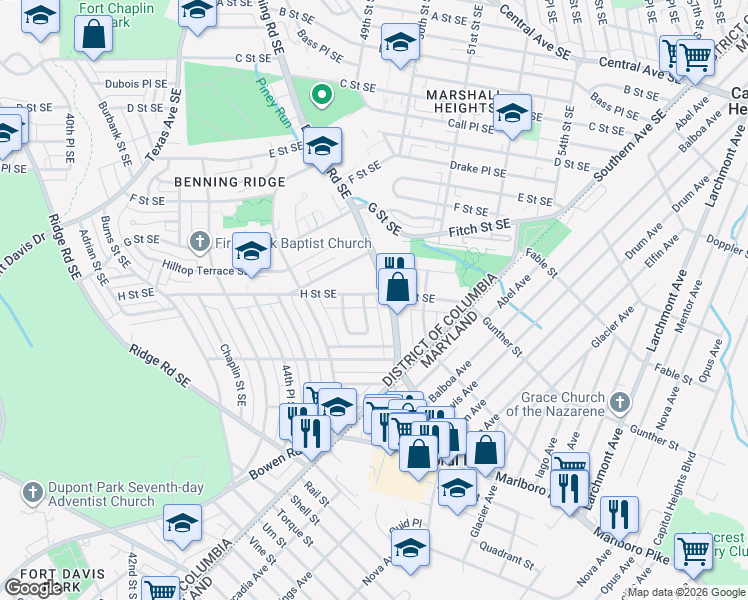 map of restaurants, bars, coffee shops, grocery stores, and more near 4657 H Street Southeast in Washington