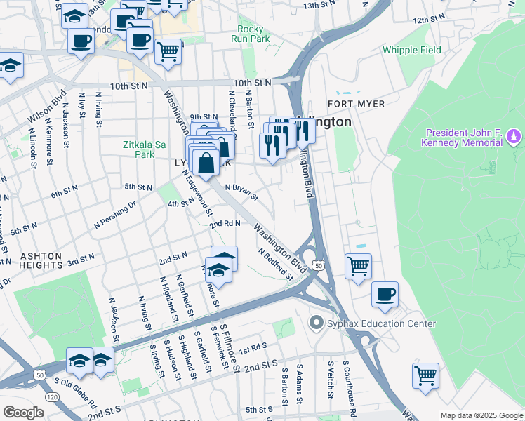 map of restaurants, bars, coffee shops, grocery stores, and more near 240 North Bryan Street in Arlington