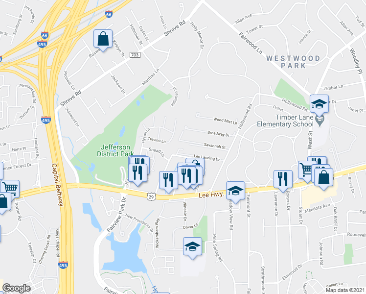 map of restaurants, bars, coffee shops, grocery stores, and more near 2805 Lee Landing Court in Falls Church