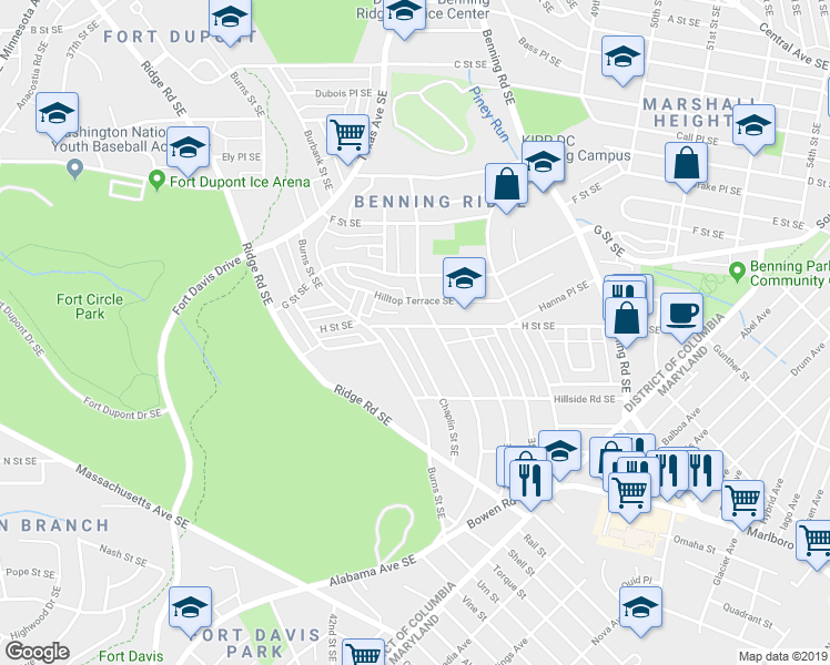 map of restaurants, bars, coffee shops, grocery stores, and more near 1000 Chaplin Street Southeast in Washington