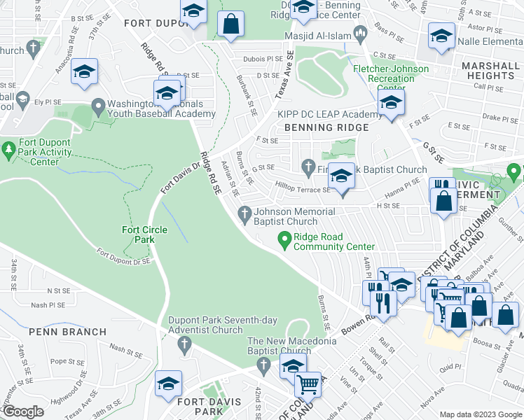 map of restaurants, bars, coffee shops, grocery stores, and more near 4227 H Street Southeast in Washington
