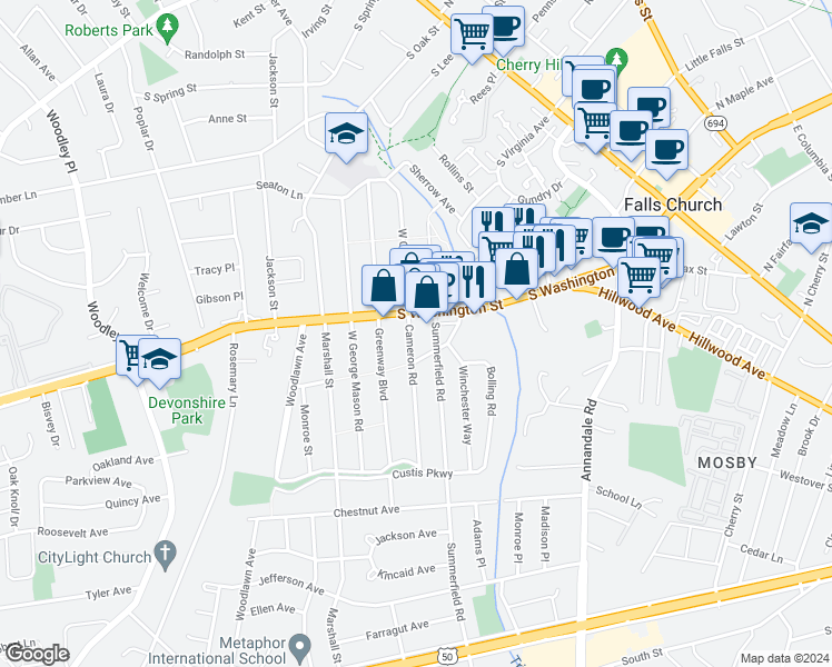 map of restaurants, bars, coffee shops, grocery stores, and more near 2757 Cameron Road in Falls Church