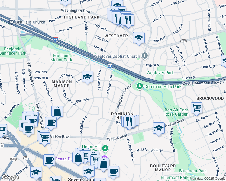 map of restaurants, bars, coffee shops, grocery stores, and more near 974 North Longfellow Street in Arlington