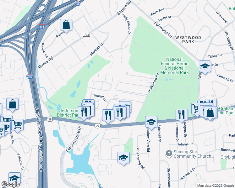 map of restaurants, bars, coffee shops, grocery stores, and more near 2805 Lee Landing Court in Falls Church