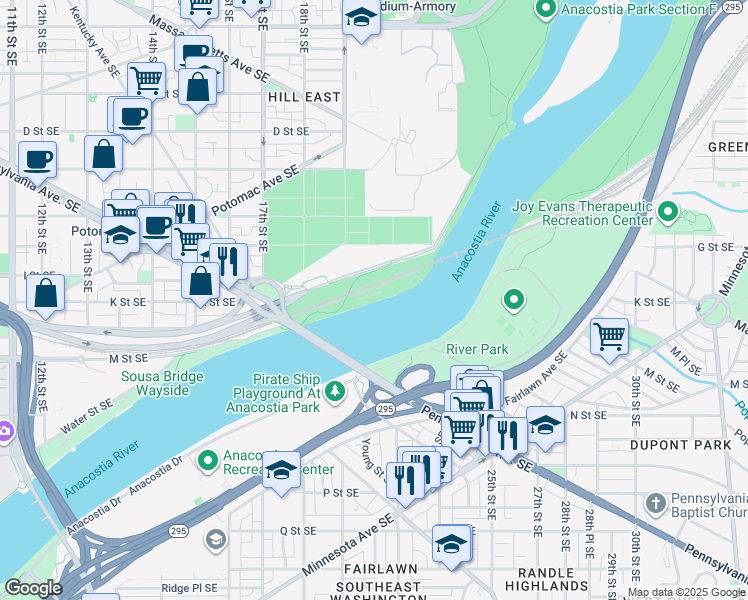 map of restaurants, bars, coffee shops, grocery stores, and more near 1900 M Street Southeast in Washington