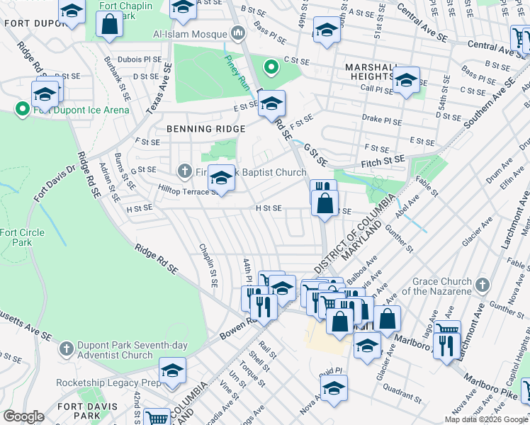 map of restaurants, bars, coffee shops, grocery stores, and more near 1100 46th Street Southeast in Washington
