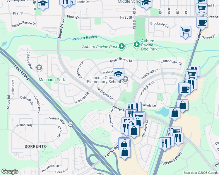 map of restaurants, bars, coffee shops, grocery stores, and more near 652 Whitfield Lane in Lincoln
