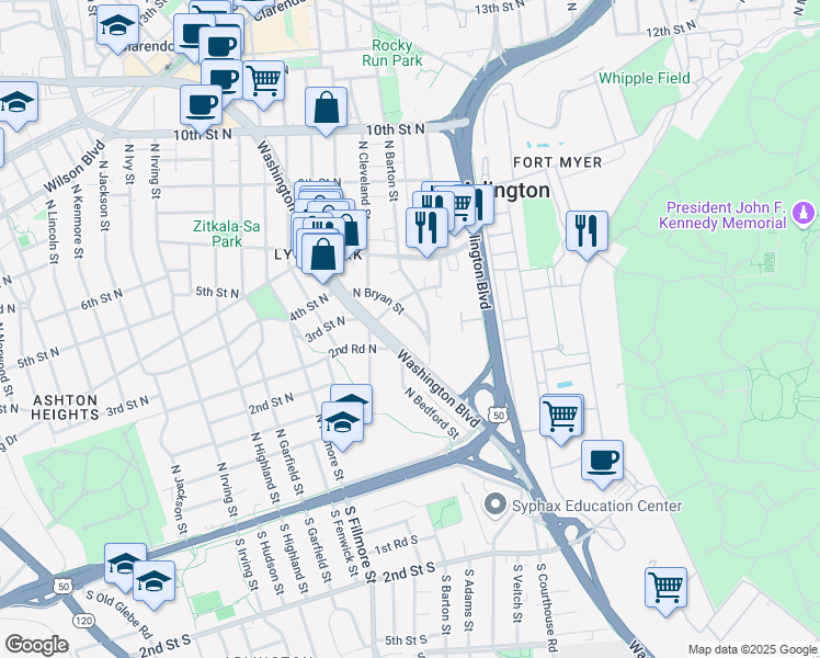 map of restaurants, bars, coffee shops, grocery stores, and more near 240 North Bryan Street in Arlington