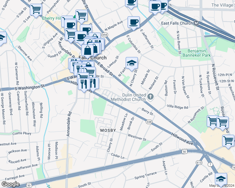 map of restaurants, bars, coffee shops, grocery stores, and more near 112 Rolling Trce in Falls Church