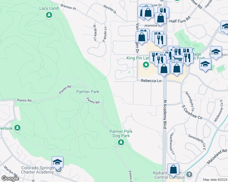 map of restaurants, bars, coffee shops, grocery stores, and more near 3410 Parkmoor Village Drive in Colorado Springs