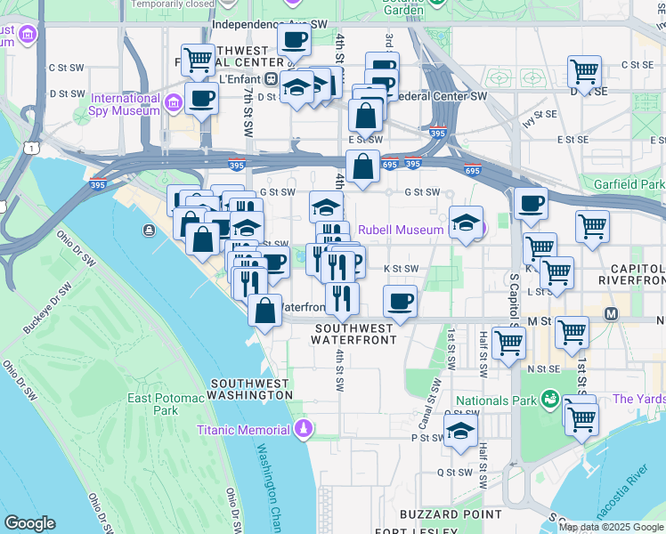 map of restaurants, bars, coffee shops, grocery stores, and more near 1001 4th Street Southwest in Washington