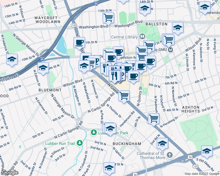 map of restaurants, bars, coffee shops, grocery stores, and more near 672 North Glebe Road in Arlington