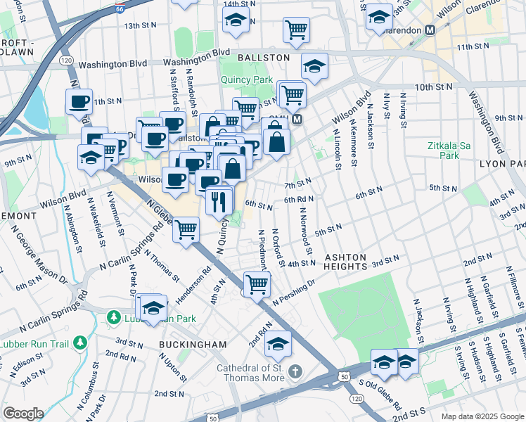 map of restaurants, bars, coffee shops, grocery stores, and more near 553 North Piedmont Street in Arlington