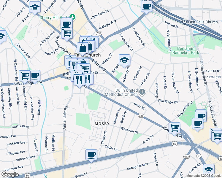 map of restaurants, bars, coffee shops, grocery stores, and more near 112 Rolling Trce in Falls Church
