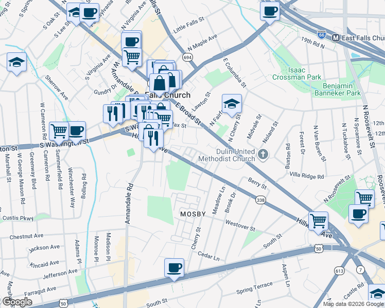 map of restaurants, bars, coffee shops, grocery stores, and more near 124 Whittier Circle in Falls Church