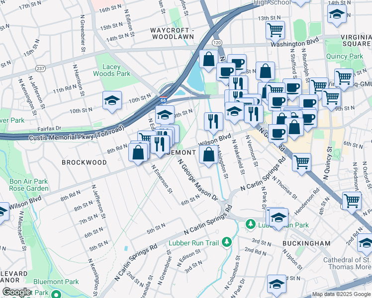 map of restaurants, bars, coffee shops, grocery stores, and more near 4805 Wilson Boulevard in Arlington
