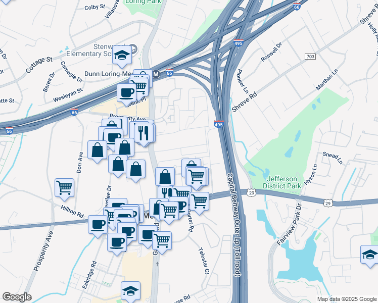 map of restaurants, bars, coffee shops, grocery stores, and more near 8102 Harte Place in Vienna