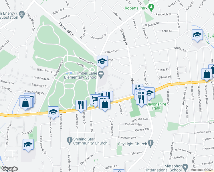 map of restaurants, bars, coffee shops, grocery stores, and more near 2802 Lee Oaks Place in Falls Church
