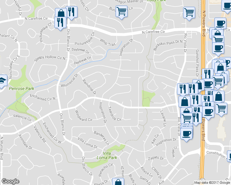 map of restaurants, bars, coffee shops, grocery stores, and more near 3246 Teardrop Circle in Colorado Springs