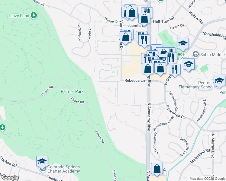 map of restaurants, bars, coffee shops, grocery stores, and more near 3578 Parkmoor Village Drive in Colorado Springs