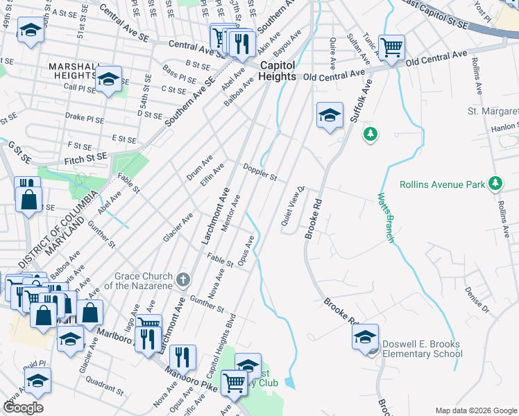 map of restaurants, bars, coffee shops, grocery stores, and more near 725 Opus Avenue in Capitol Heights