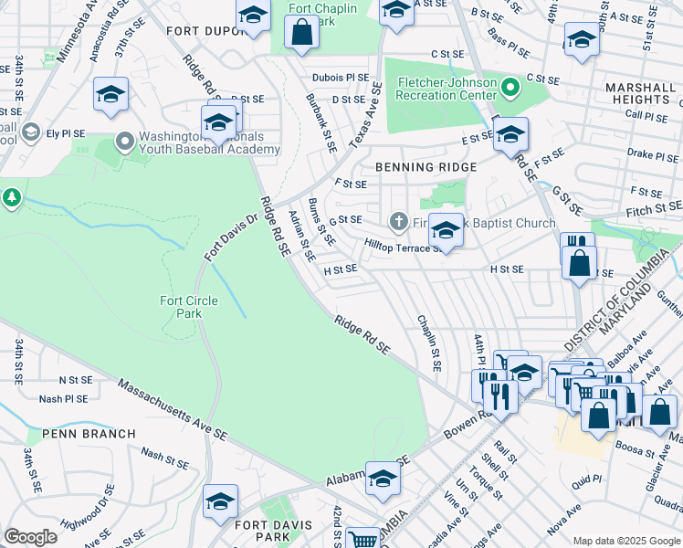 map of restaurants, bars, coffee shops, grocery stores, and more near 4227 H Street Southeast in Washington