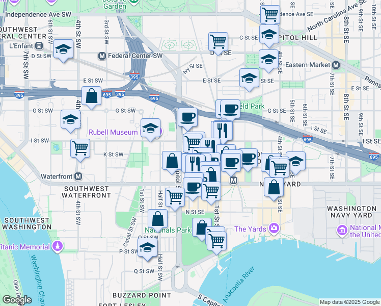 map of restaurants, bars, coffee shops, grocery stores, and more near 101 Independence Avenue Southeast in Washington