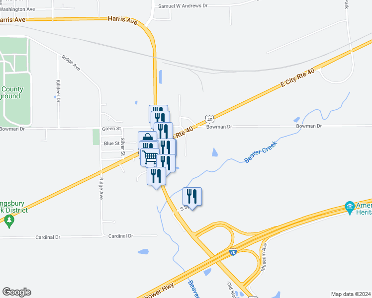 map of restaurants, bars, coffee shops, grocery stores, and more near 1550 East City Route 40 in Greenville