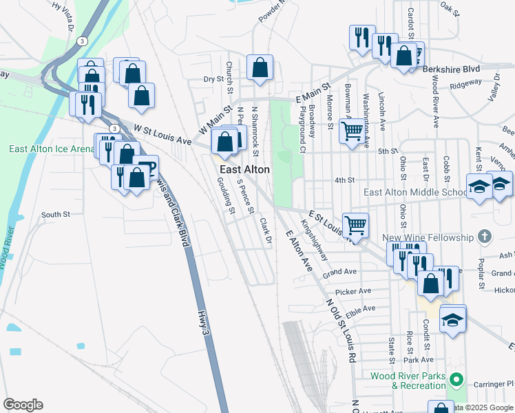 map of restaurants, bars, coffee shops, grocery stores, and more near 190 South Pence Street in East Alton
