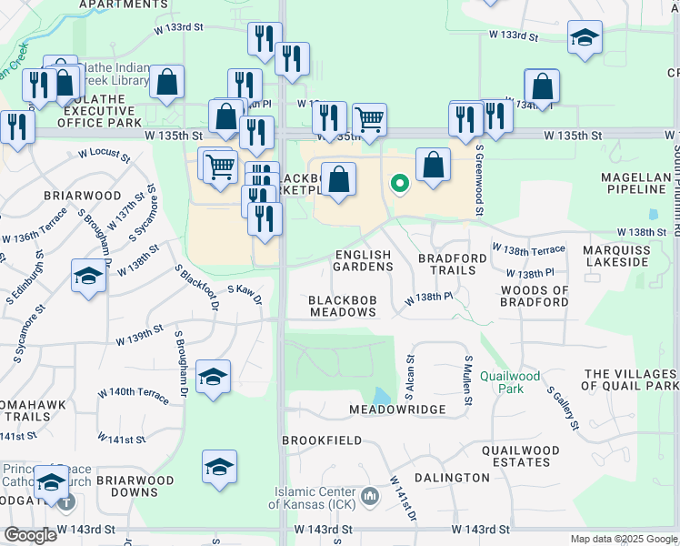 map of restaurants, bars, coffee shops, grocery stores, and more near 601 Darnell Street in Olathe